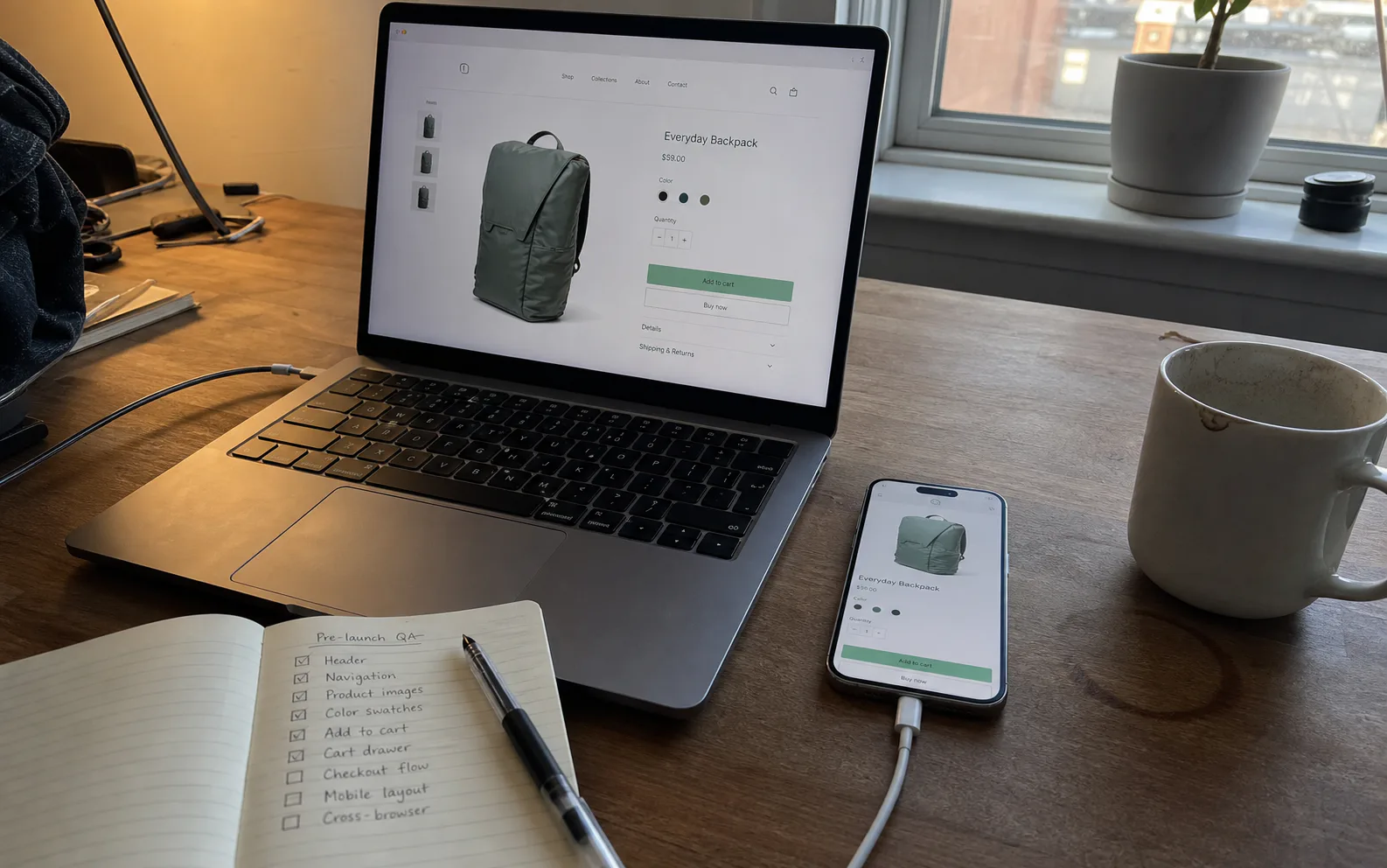 Shopify 多设备响应式 QA 与上线检查工作场景示意